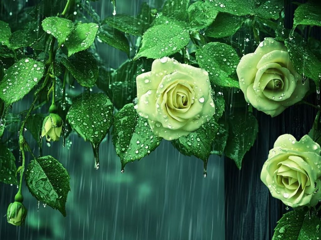 green roses​-2-in the rain